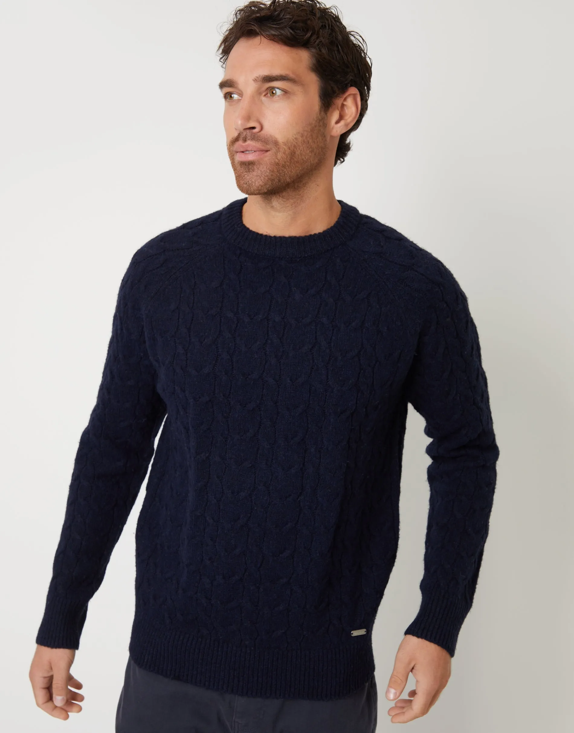 Navy Raglan Sleeve Cable Knit Crew Neck Jumper sold by Threadbare