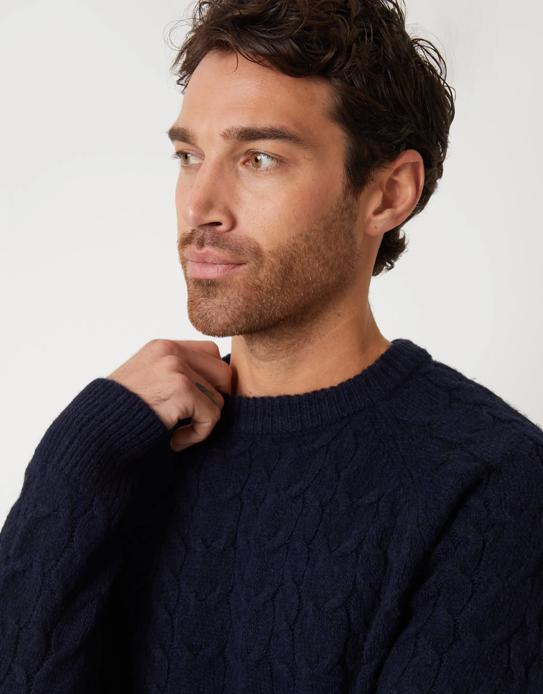 Navy Raglan Sleeve Cable Knit Crew Neck Jumper sold by Threadbare product image thumbnail 4