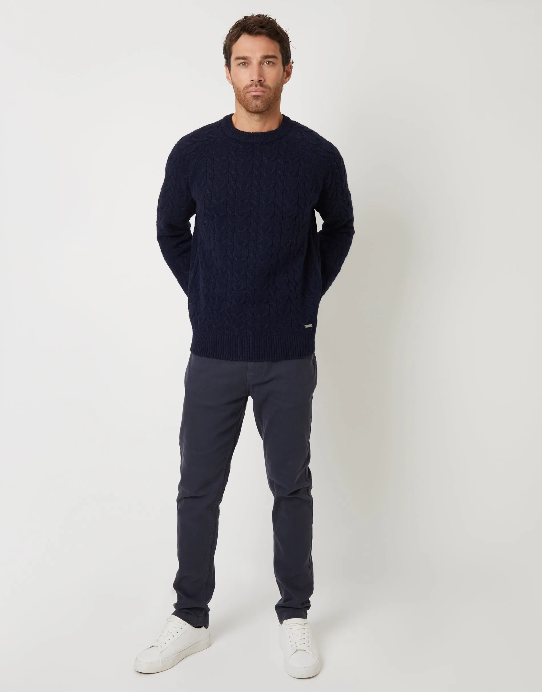 Navy Raglan Sleeve Cable Knit Crew Neck Jumper sold by Threadbare product image thumbnail 3