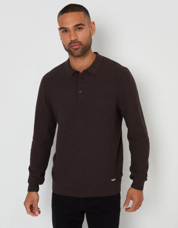 Chocolate Brown Long Sleeve Textured Knitted Polo Jumper sold by Threadbare