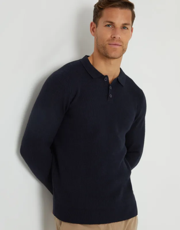 Threadbare Men's Navy Knitted Long Sleeve Polo Jumper sold by Threadbare