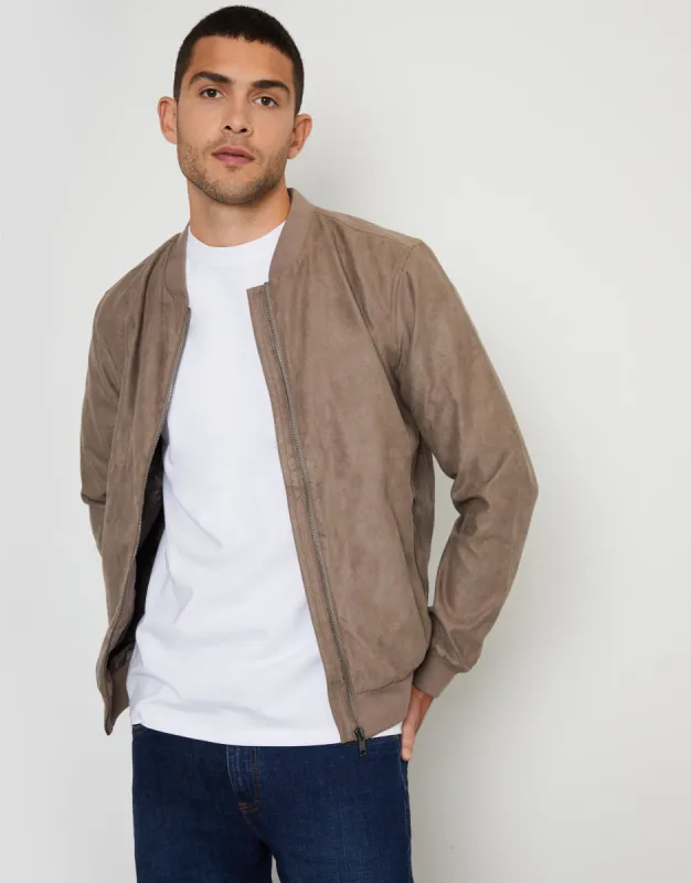 Men's Taupe Faux Suede Bomber Jacket sold by Threadbare