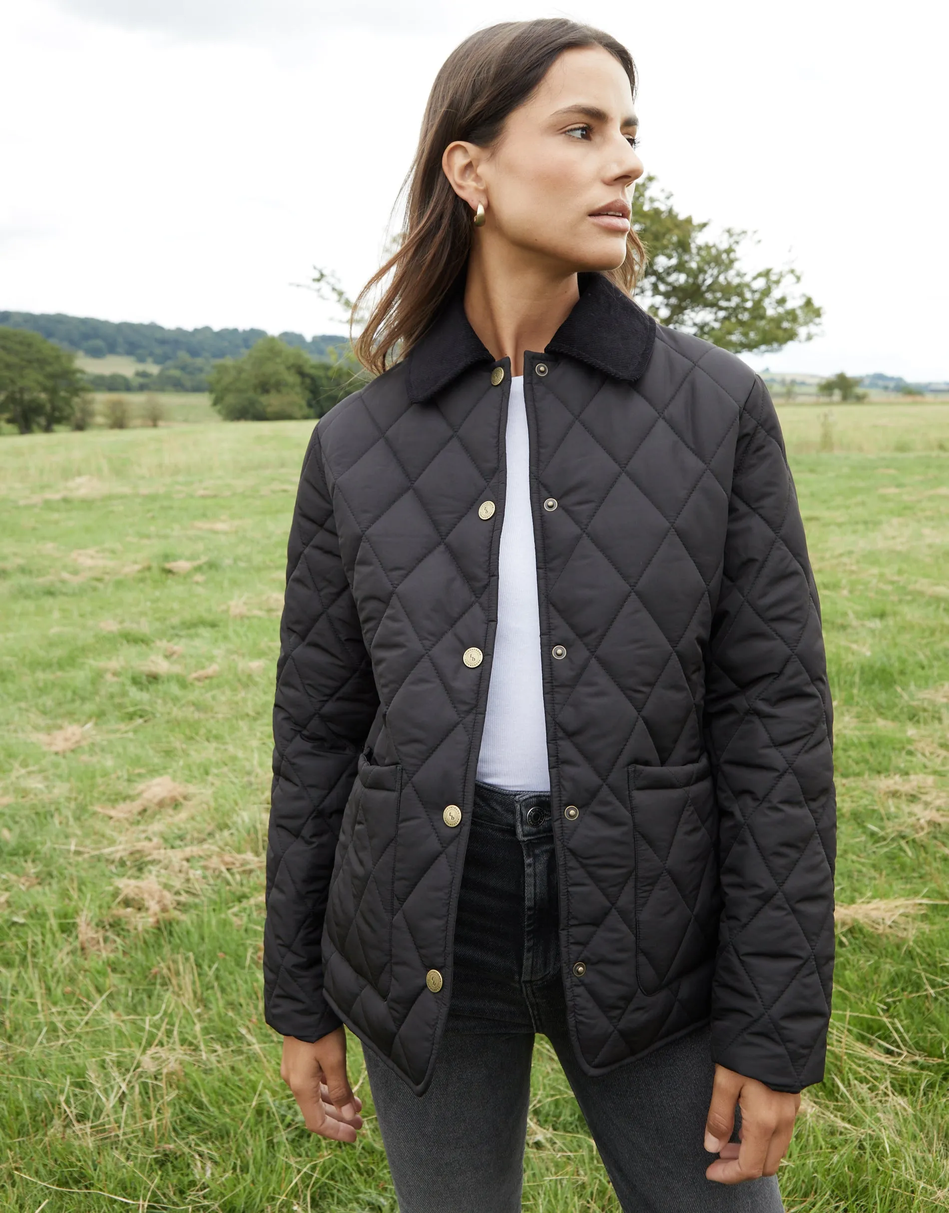 Women's Black Cord Collar Diamond Quilted Heritage Jacket sold by Threadbare