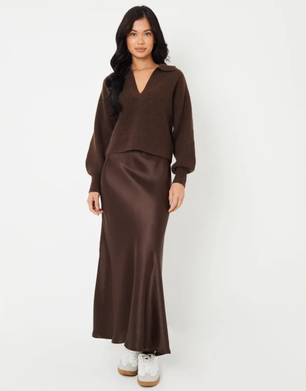 Chocolate Brown Maxi Satin Slip Skirt sold by Threadbare