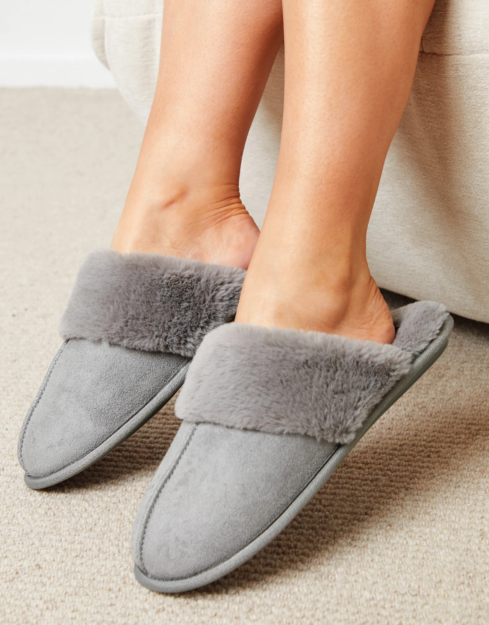 Grey Faux Suede Faux Fur Lined Mule Slippers sold by Threadbare