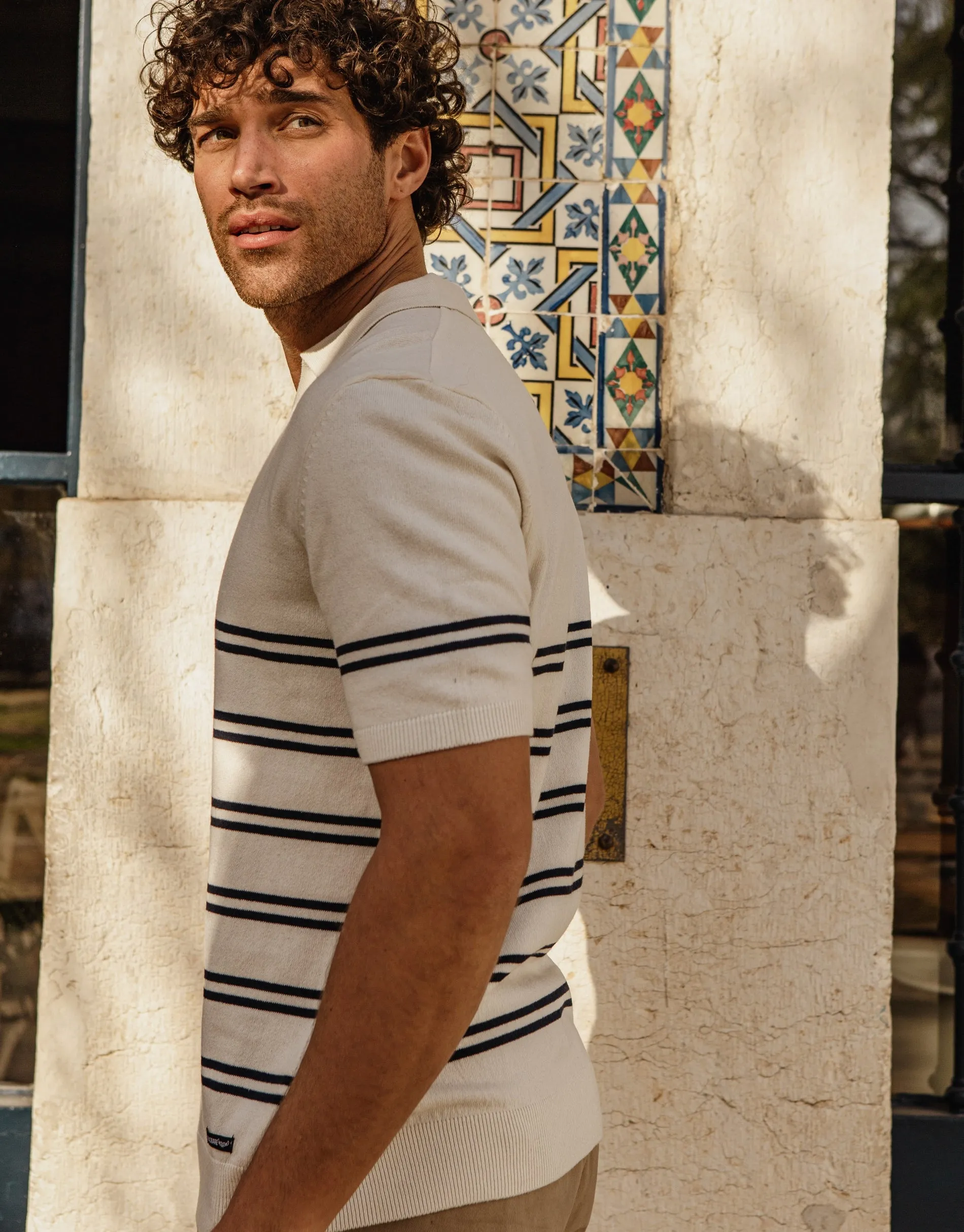 Men's Ecru Striped Knitted Polo sold by Threadbare product image thumbnail 2