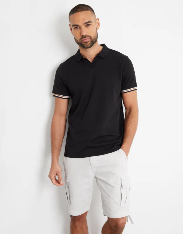 Black Trophy Neck Polo Shirt sold by Threadbare