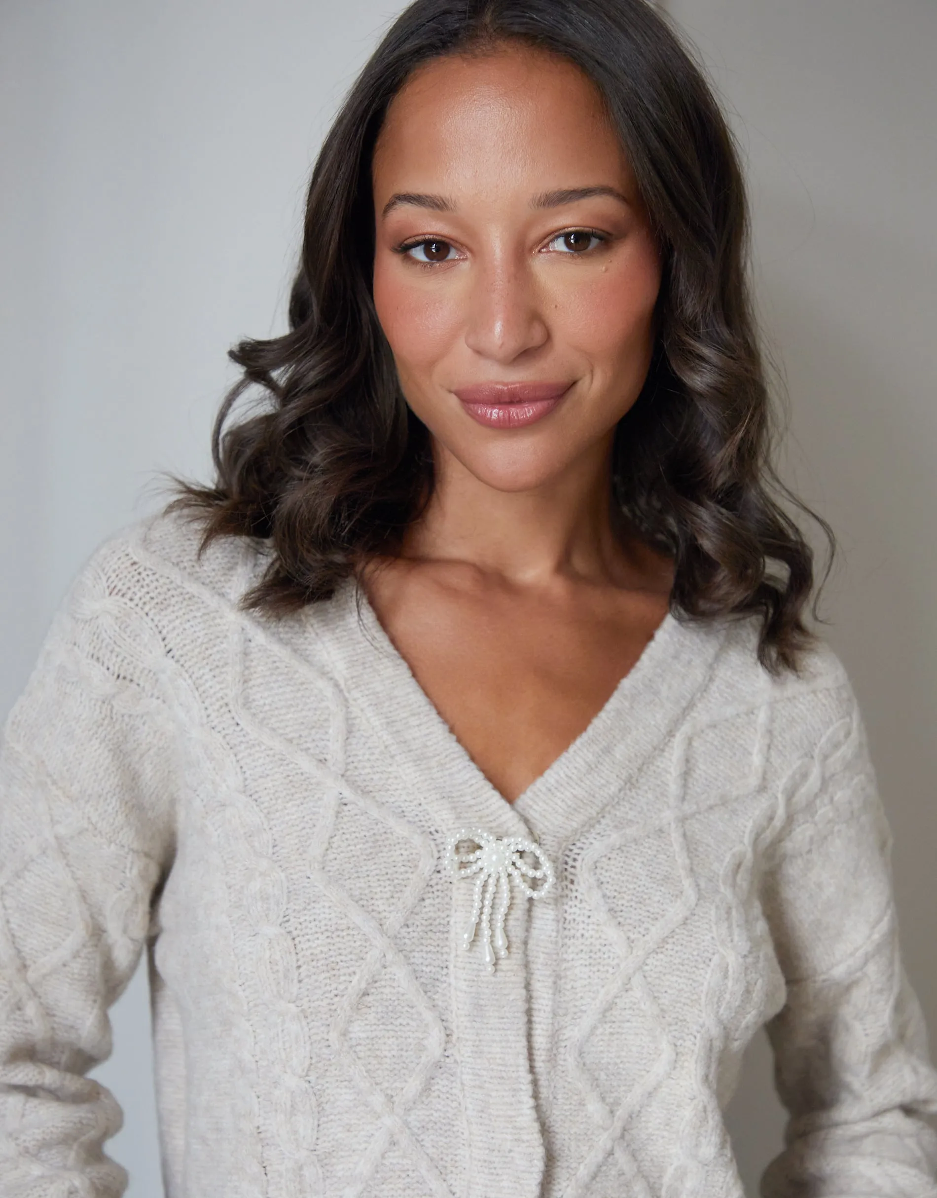 Threadbare Women's Ecru Bow Detail Cable Knit Cardigan sold by Threadbare product image thumbnail 2