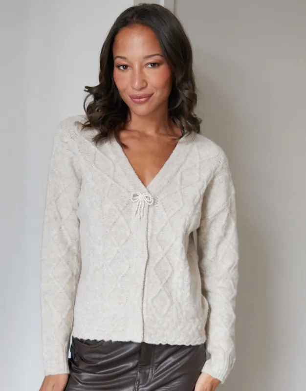 Threadbare Women's Ecru Bow Detail Cable Knit Cardigan sold by Threadbare