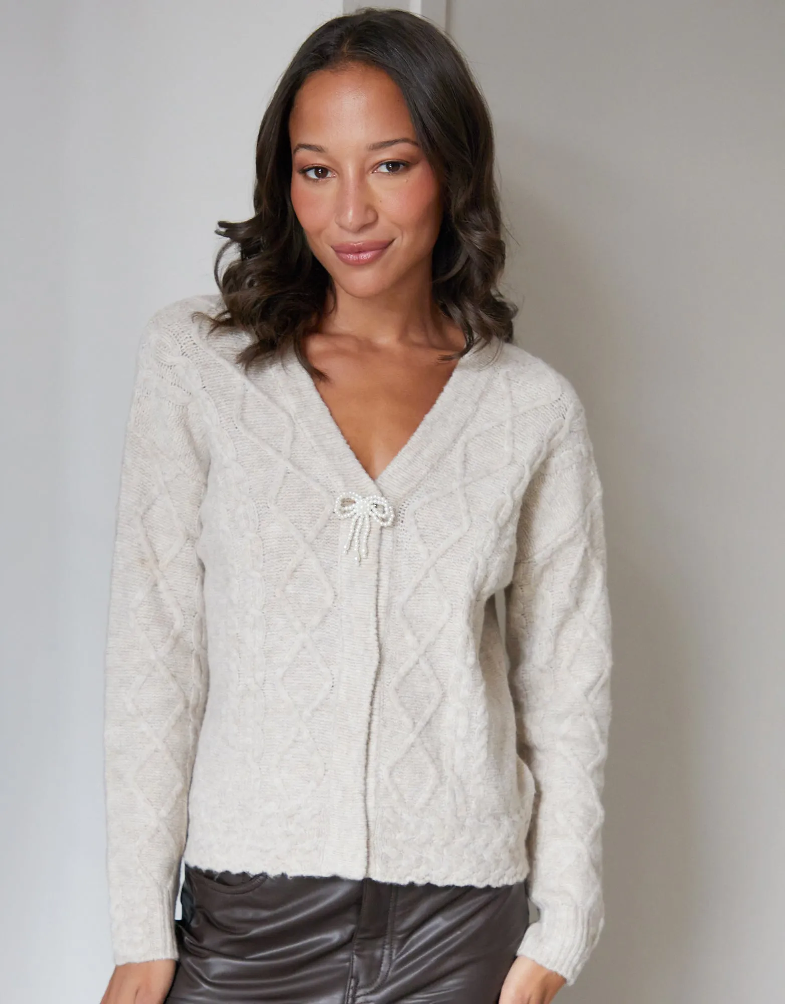 Threadbare Women's Ecru Bow Detail Cable Knit Cardigan sold by Threadbare