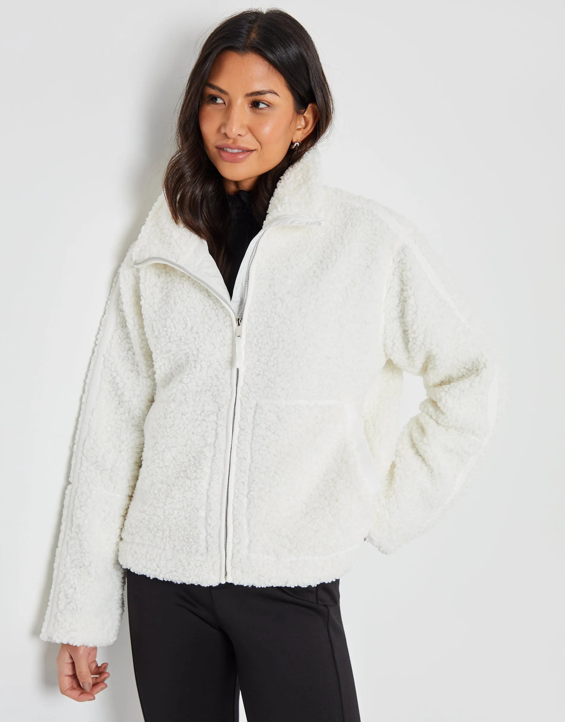 White Funnel Neck Zip-Up Borg Fleece sold by Threadbare
