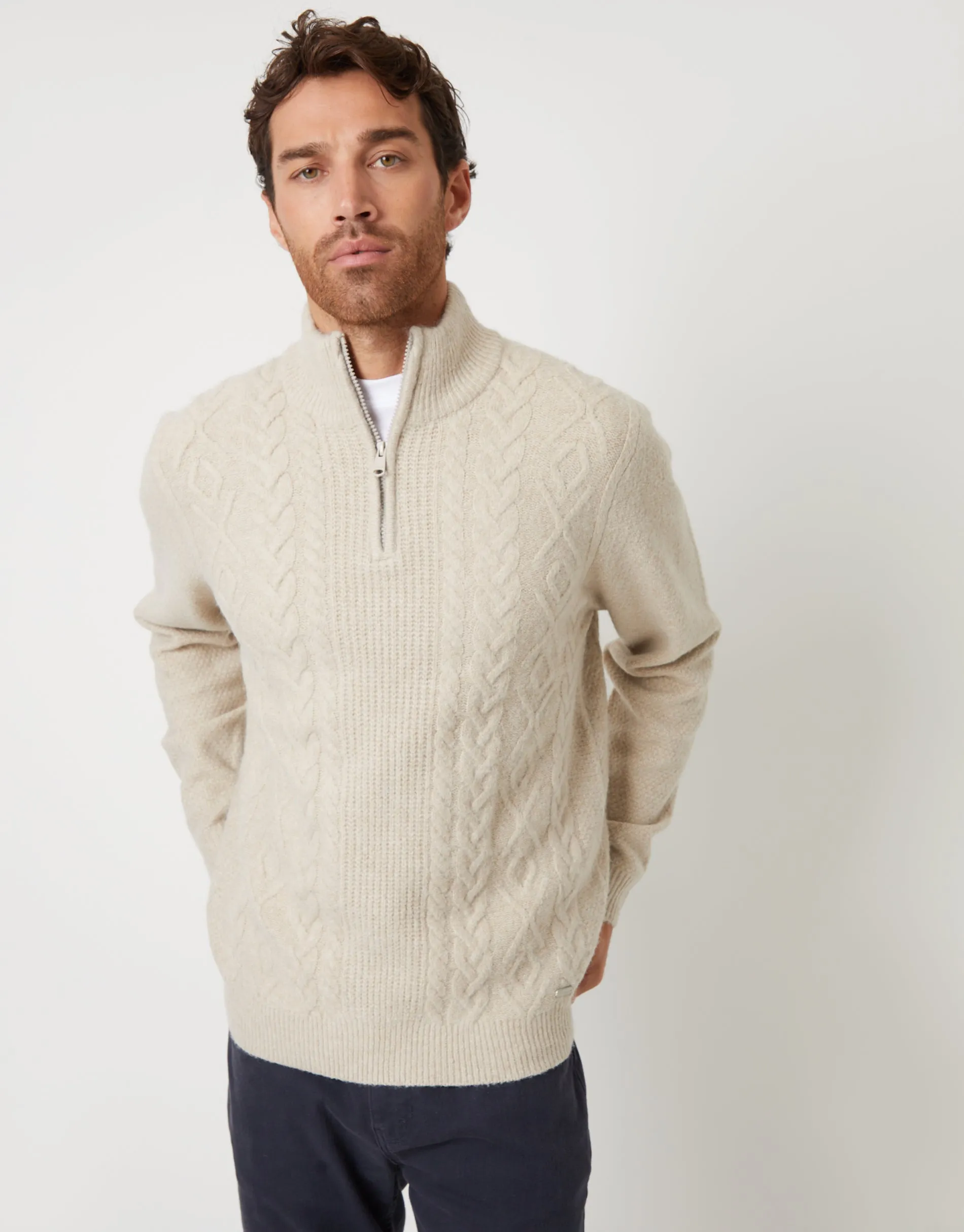 Threadbare Men's Ecru Cable Knit Detail Quarter Zip Jumper sold by Threadbare
