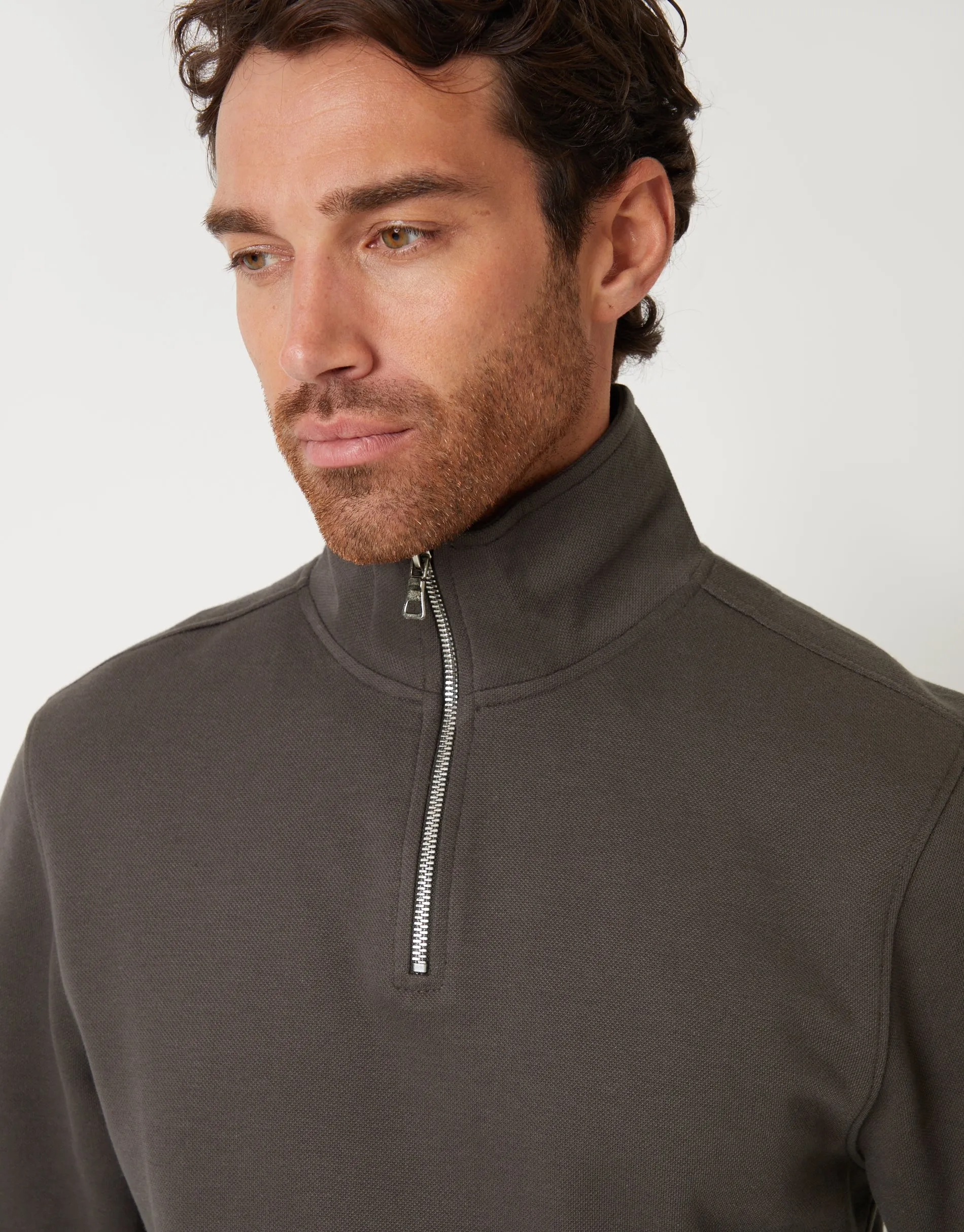 Grey Pique Quarter Zip Funnel Neck Sweatshirt sold by Threadbare product image thumbnail 4