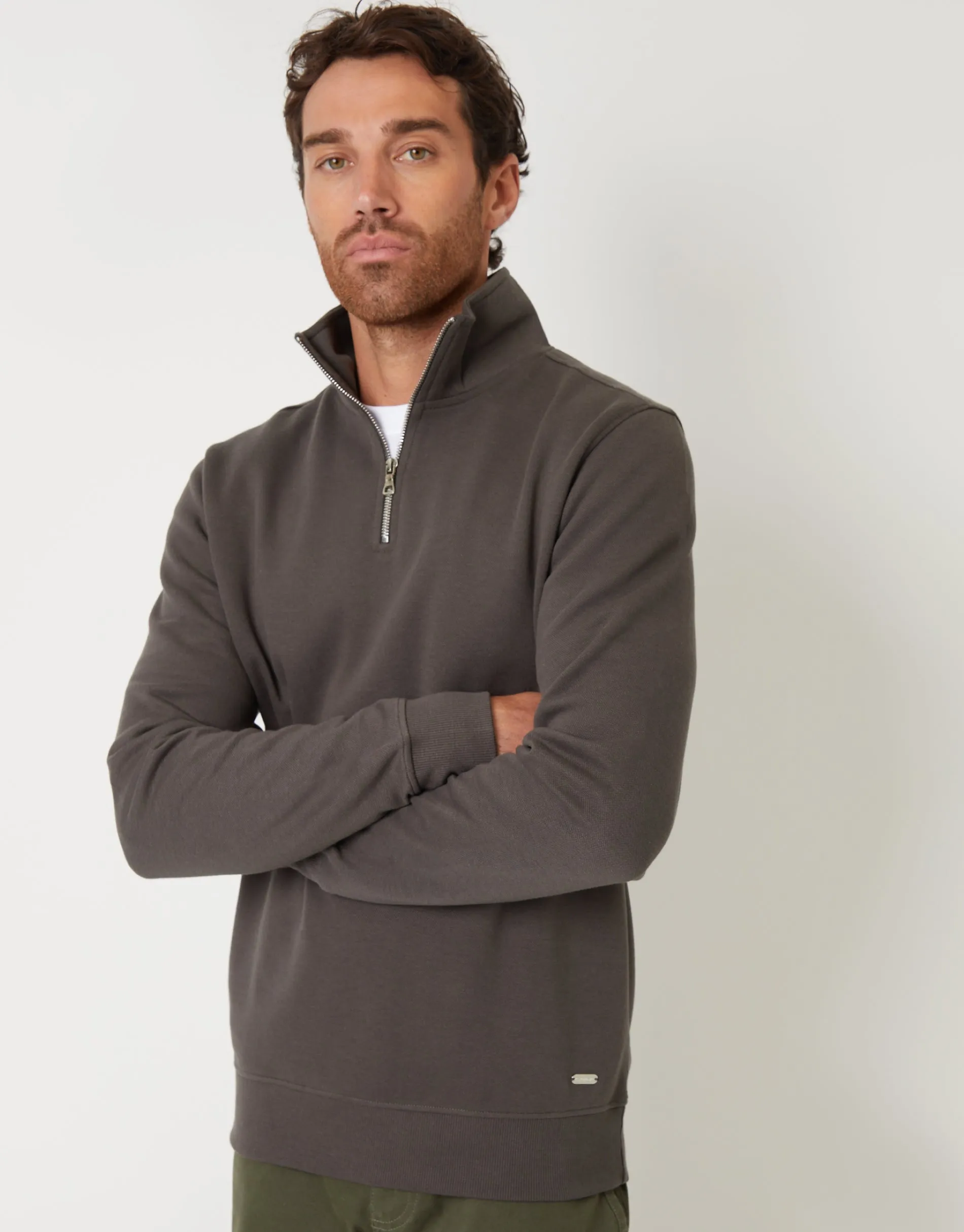 Grey Pique Quarter Zip Funnel Neck Sweatshirt sold by Threadbare