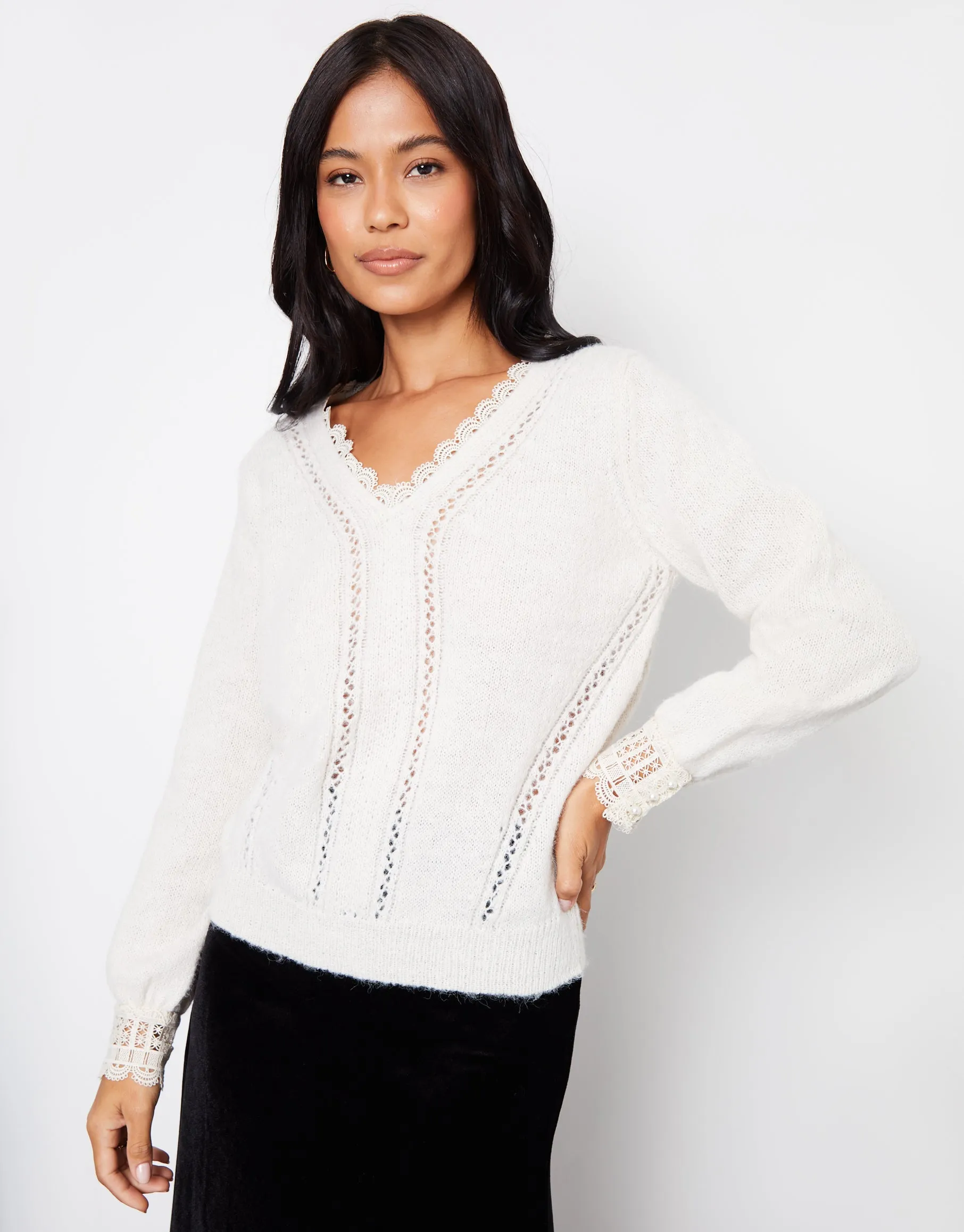 Women's Ecru Lace Trim V Neck Knitted Jumper sold by Threadbare product image thumbnail 3
