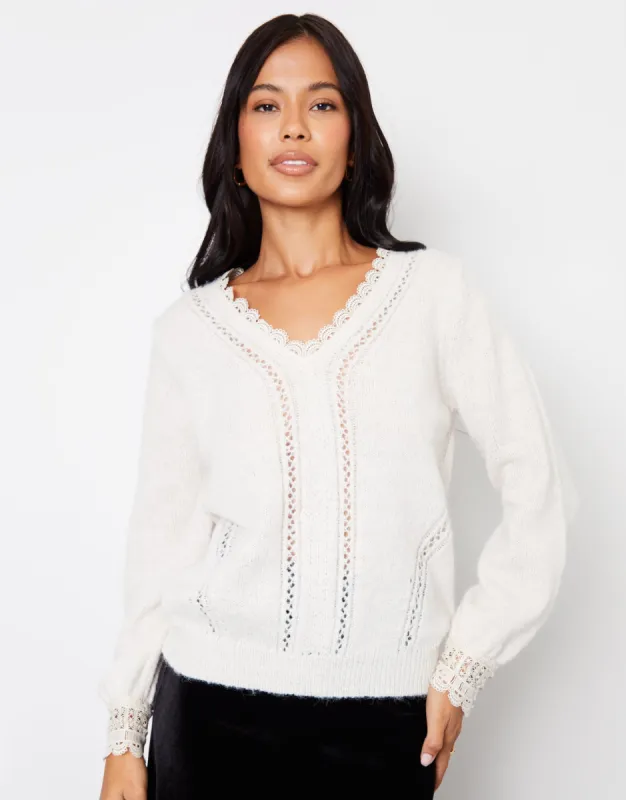 Women's Ecru Lace Trim V Neck Knitted Jumper made by Threadbare