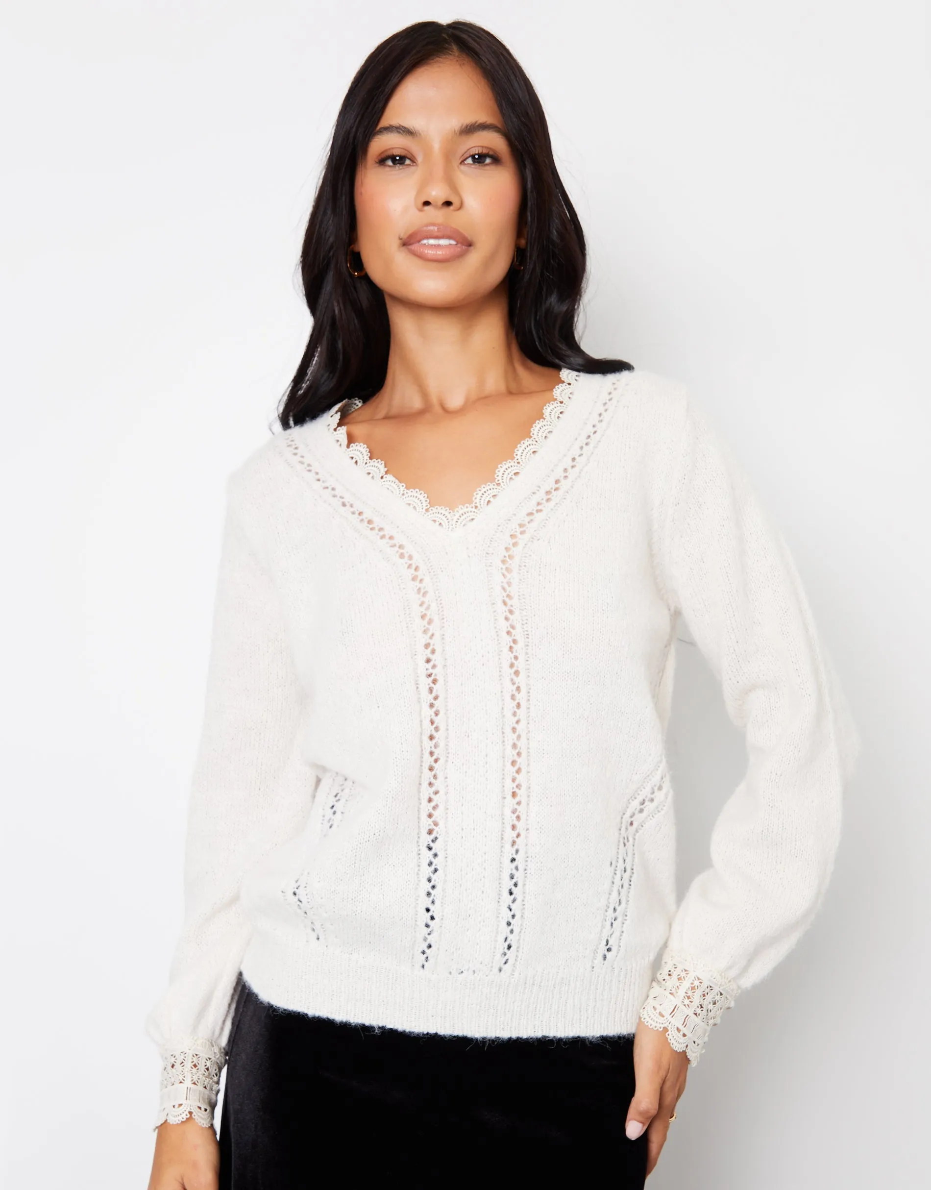 Women's Ecru Lace Trim V Neck Knitted Jumper sold by Threadbare