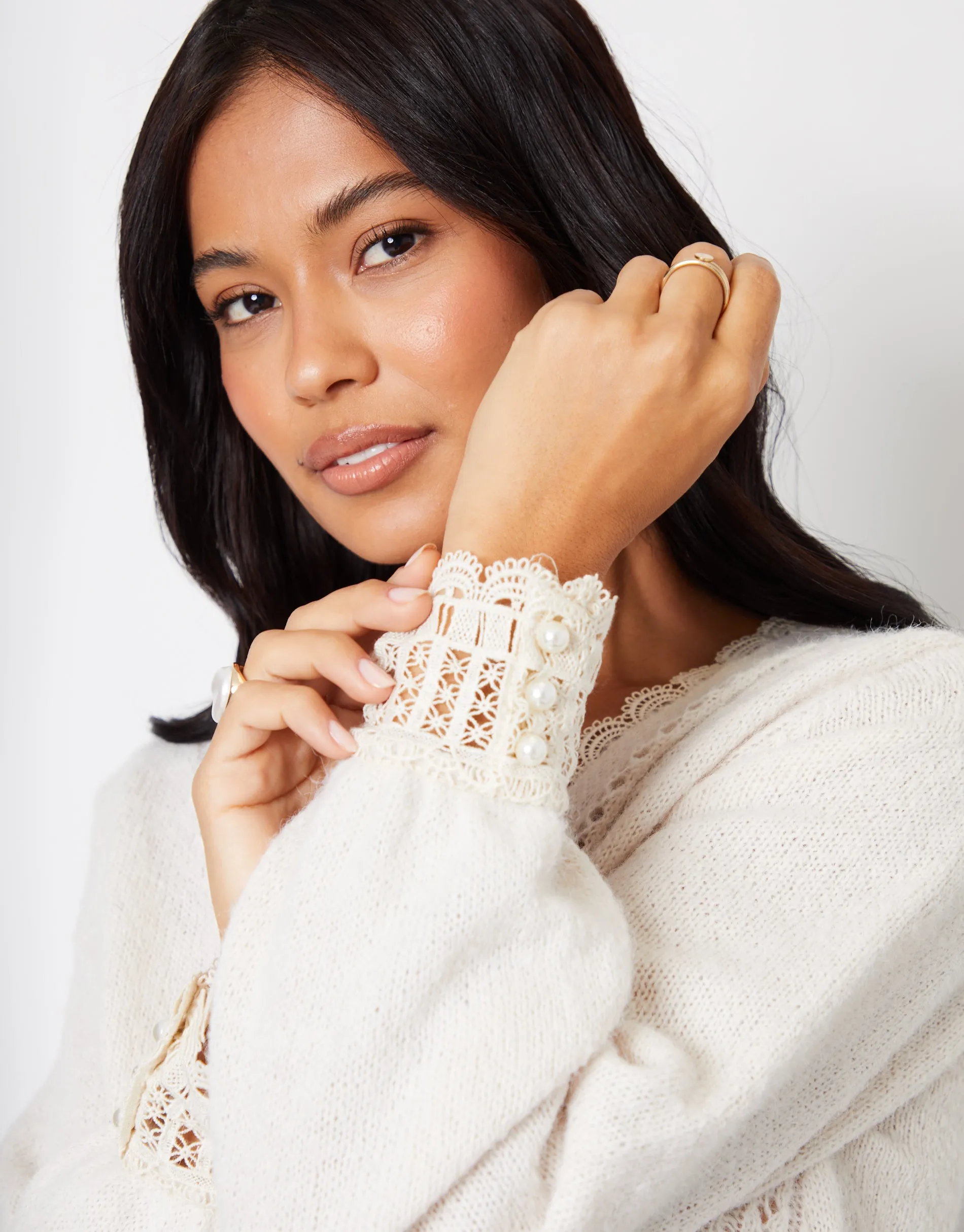 Women's Ecru Lace Trim V Neck Knitted Jumper sold by Threadbare product image thumbnail 4
