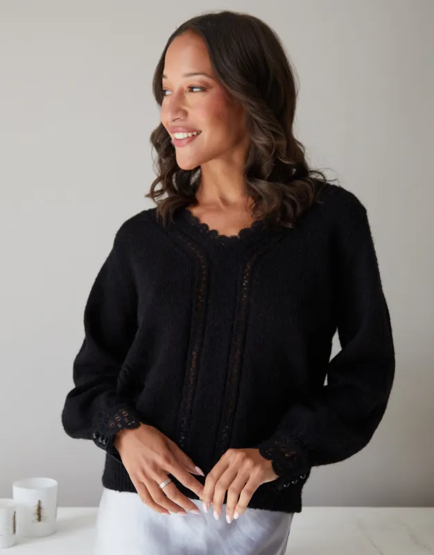 Women's Black Lace Trim V Neck Knitted Jumper made by Threadbare