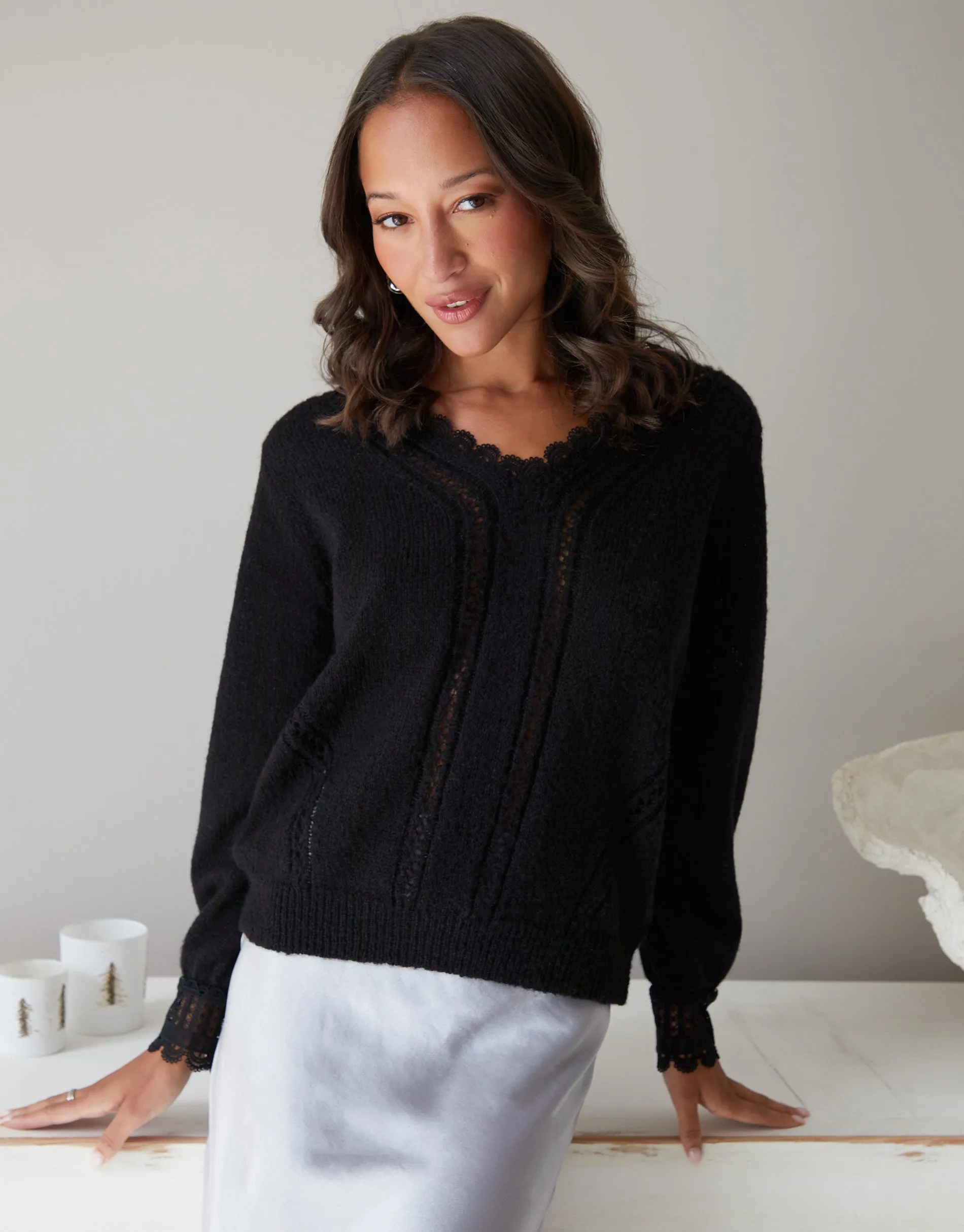 Women's Black Lace Trim V Neck Knitted Jumper sold by Threadbare product image thumbnail 4