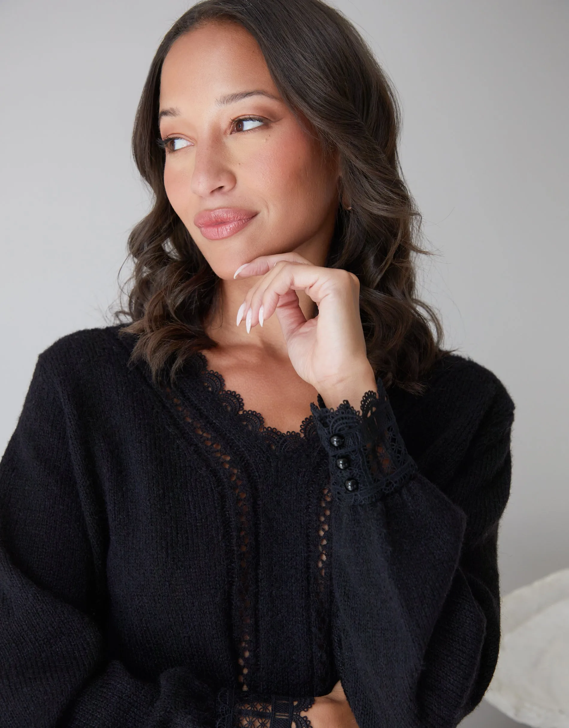 Women's Black Lace Trim V Neck Knitted Jumper sold by Threadbare product image thumbnail 2