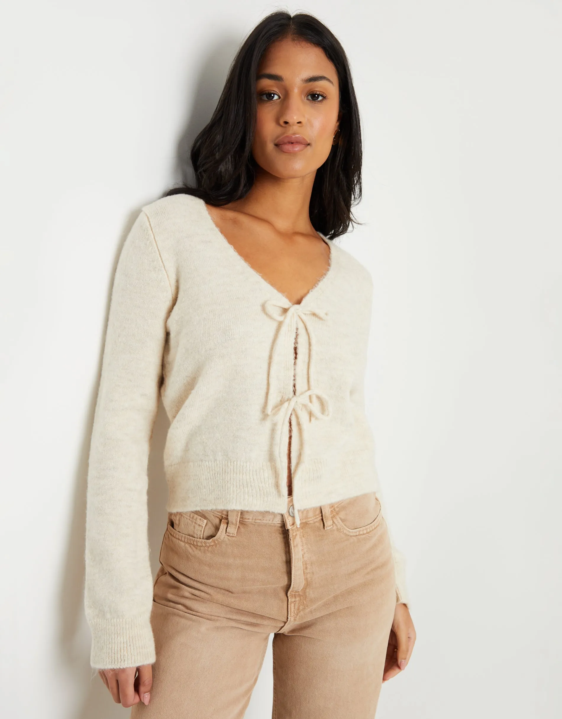 Cream Tie Front V Neck Knitted Cardigan sold by Threadbare