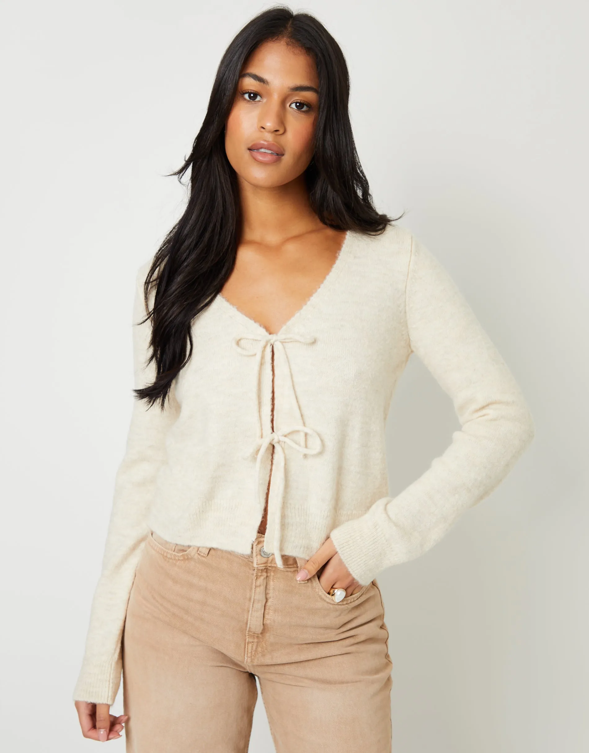 Cream Tie Front V Neck Knitted Cardigan sold by Threadbare product image thumbnail 4