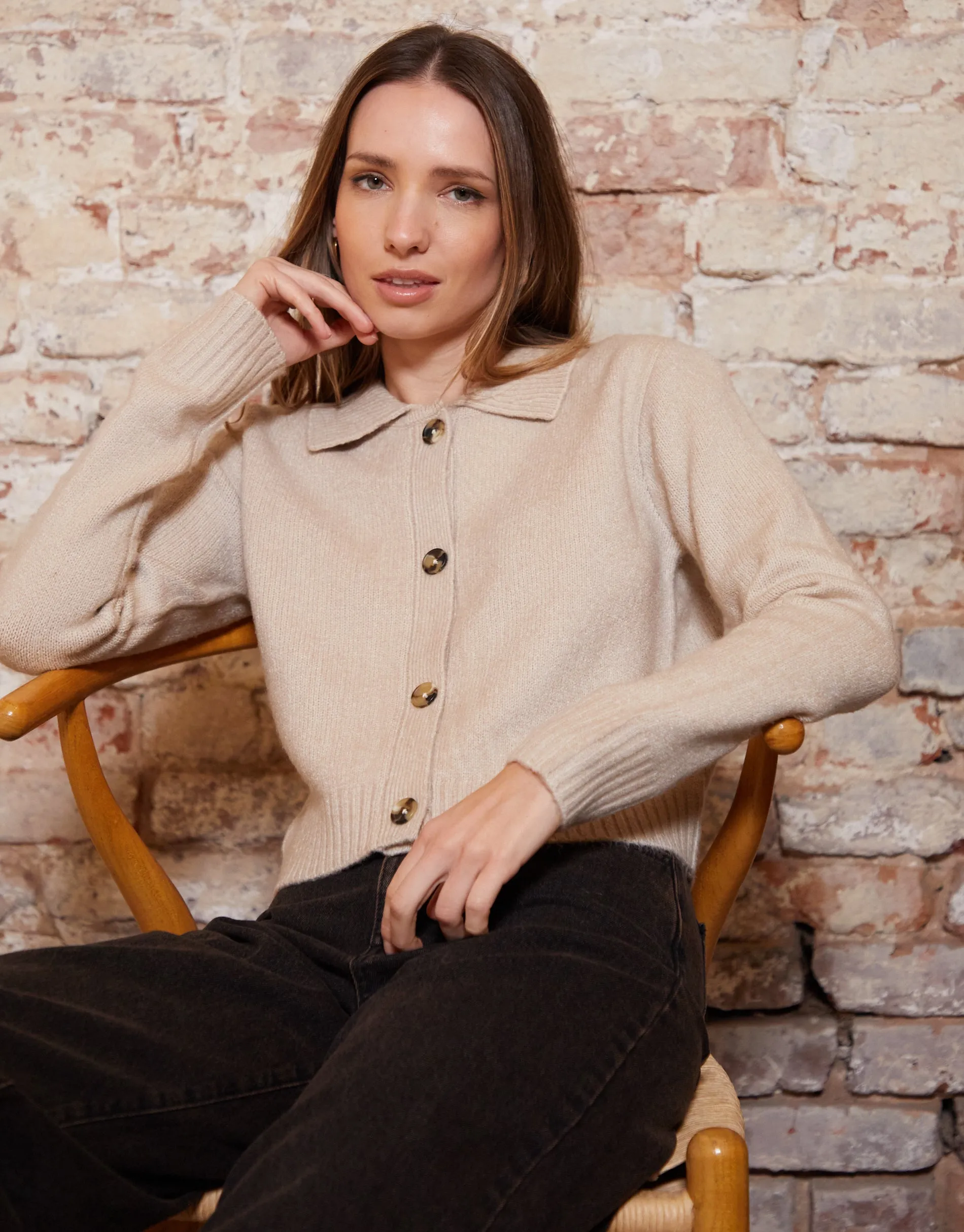 Women's Beige Cropped Collared Knitted Cardigan sold by Threadbare product image thumbnail 2