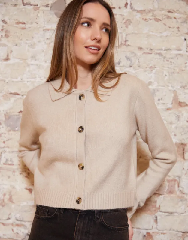 Women's Beige Cropped Collared Knitted Cardigan sold by Threadbare
