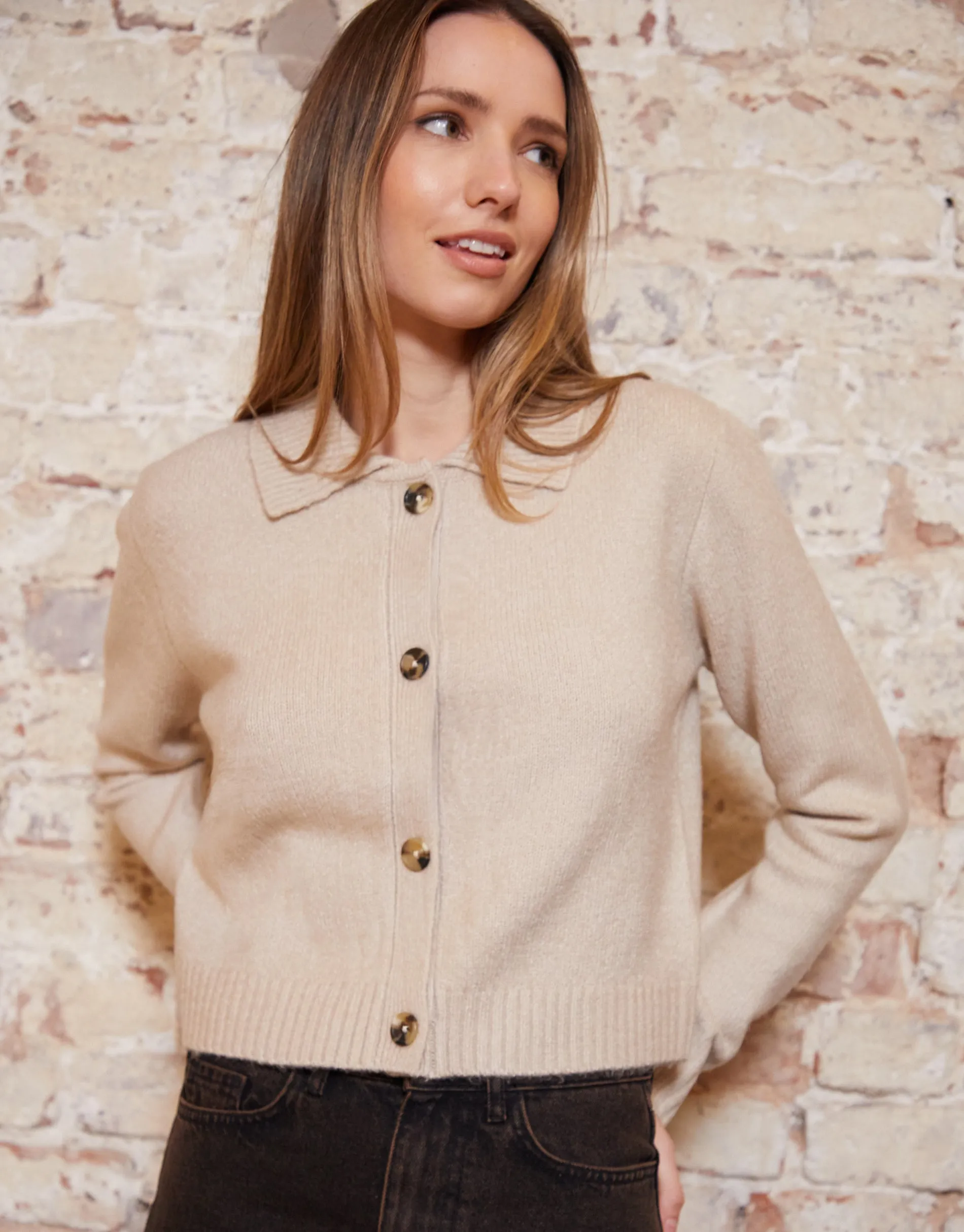 Women's Beige Cropped Collared Knitted Cardigan sold by Threadbare