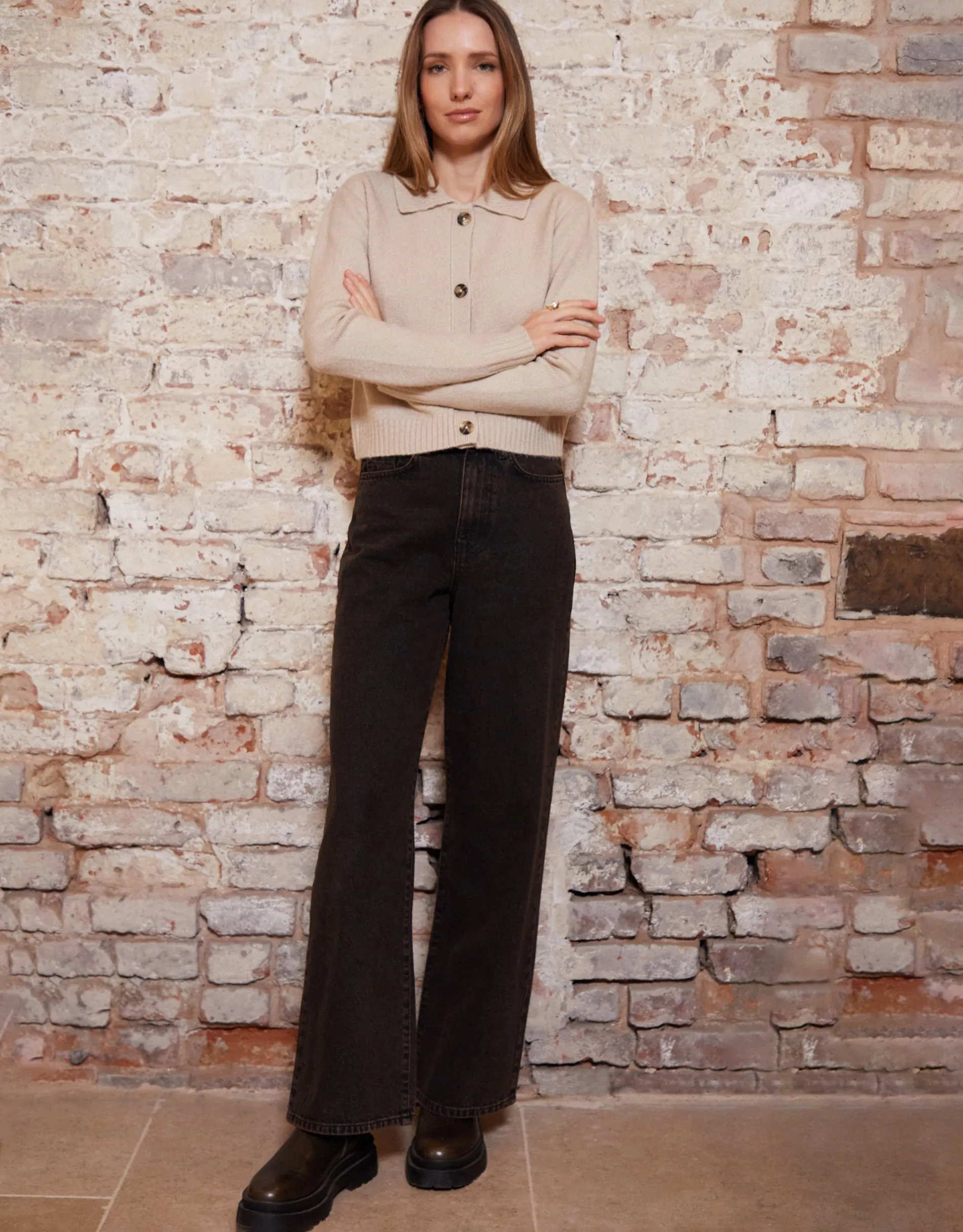 Women's Beige Cropped Collared Knitted Cardigan sold by Threadbare product image thumbnail 4