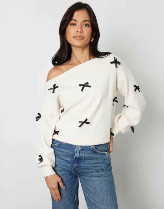 Women's Cream Bow Embellished Slash Neck Jumper sold by Threadbare
