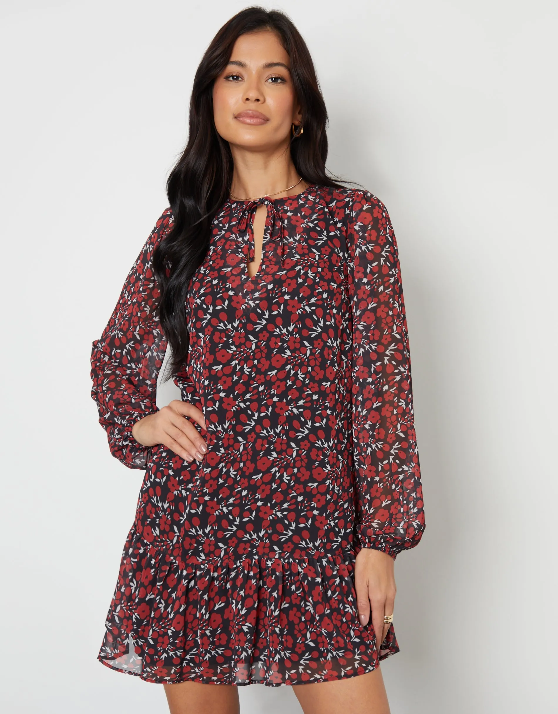 Threadbare Women's Red Floral Tie Front Ruffle Mini Dress sold by Threadbare