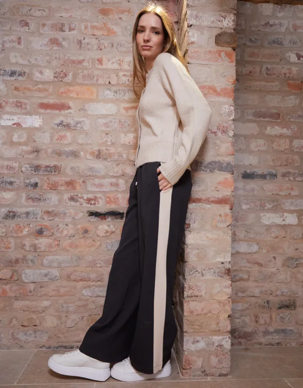 Women's Black Side Stripe Pull On Wide Leg Trousers sold by Threadbare