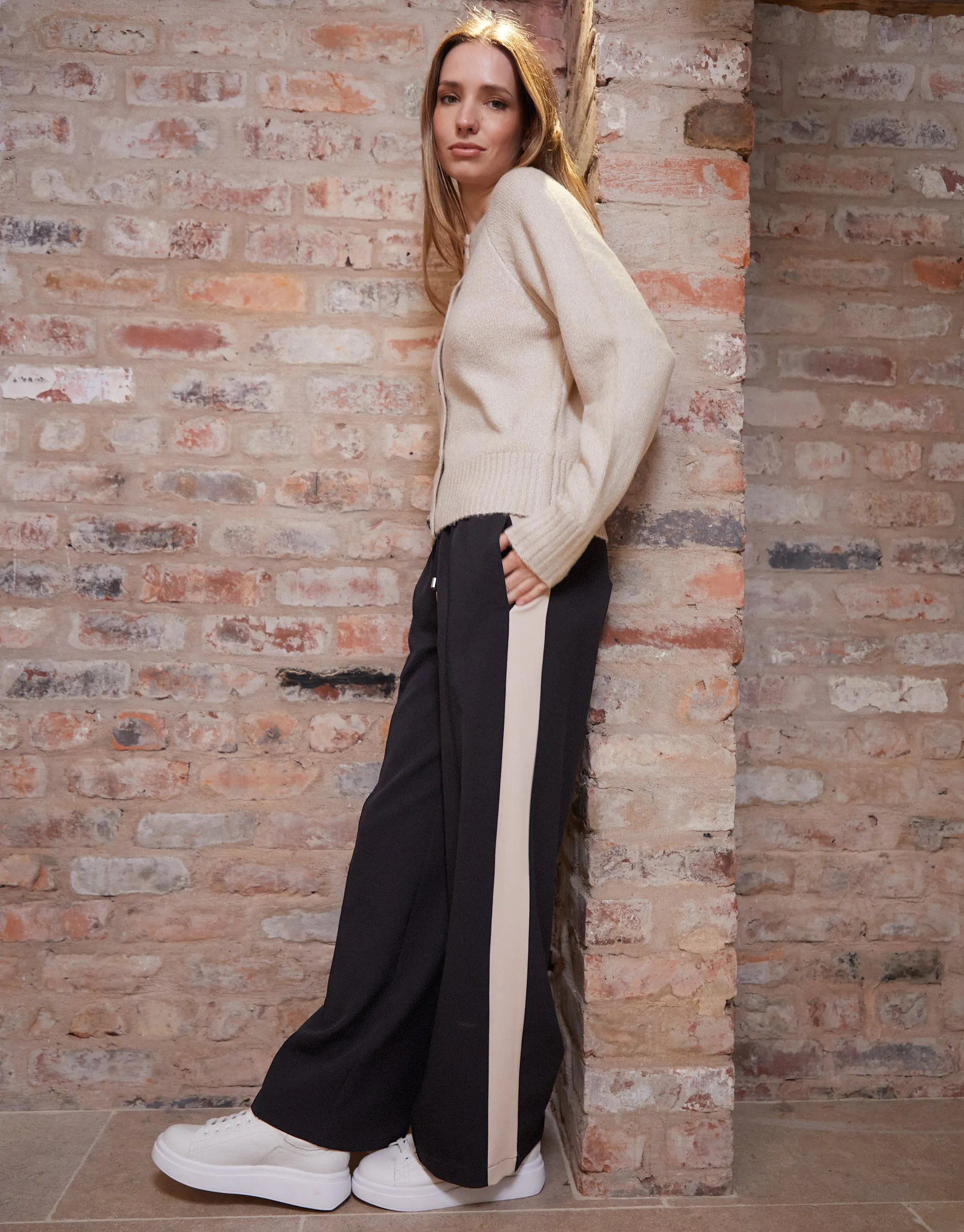 Women's Black Side Stripe Pull On Wide Leg Trousers sold by Threadbare