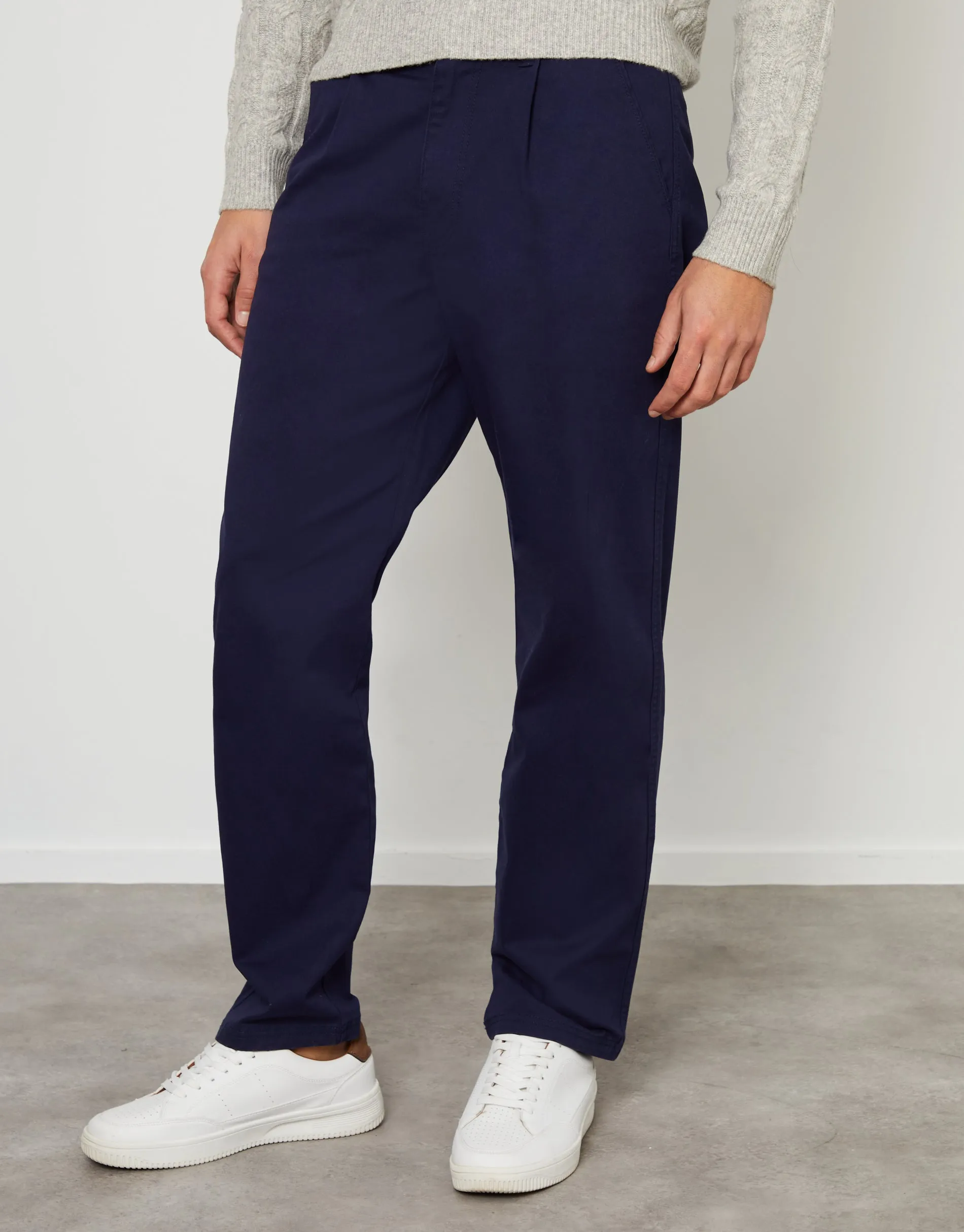 Navy Straight Leg Pleated Chino Trousers sold by Threadbare