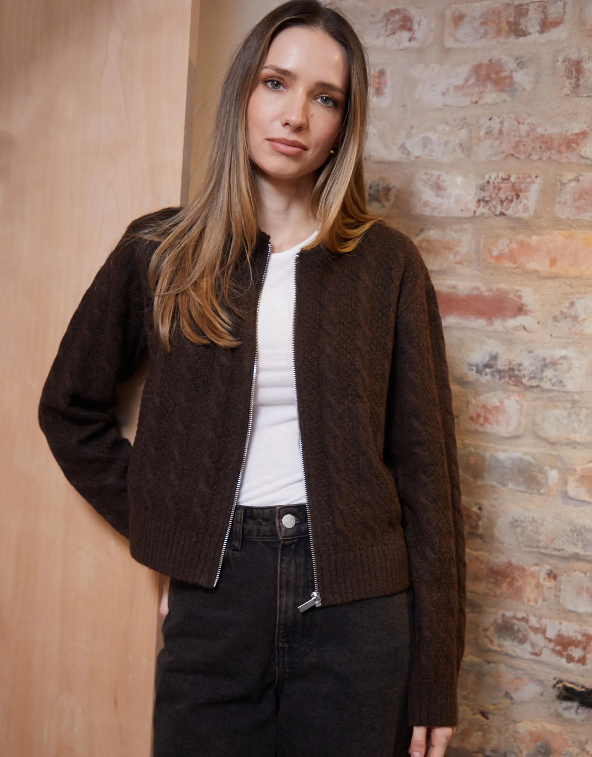 Threadbare Women's Chocolate Brown Cable Knit Zip-Up Bomber Jacket sold by Threadbare product image thumbnail 3