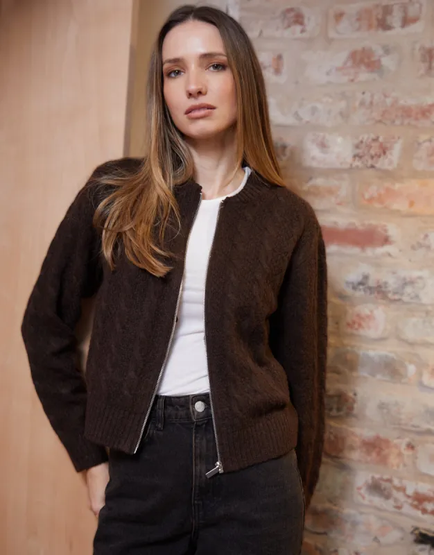 Threadbare Women's Chocolate Brown Cable Knit Zip-Up Bomber Jacket sold by Threadbare
