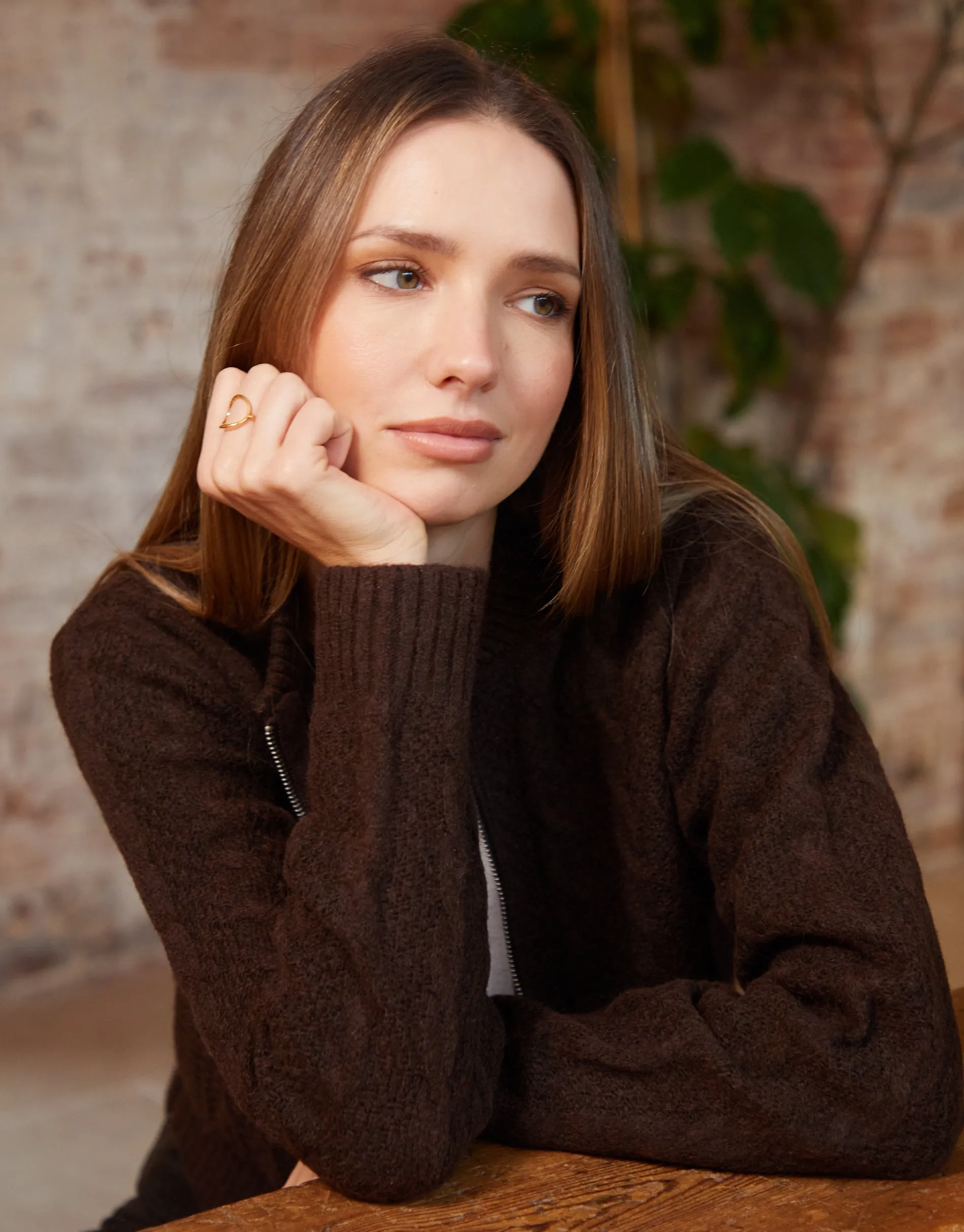 Threadbare Women's Chocolate Brown Cable Knit Zip-Up Bomber Jacket sold by Threadbare product image thumbnail 5