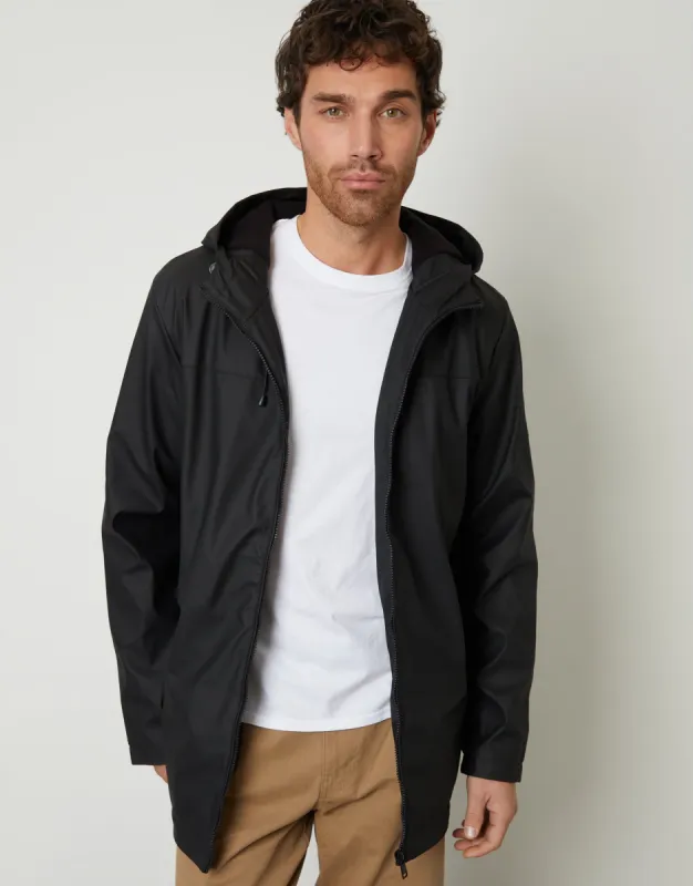 Black Microfleece Lined Hooded Rubberised Raincoat sold by Threadbare