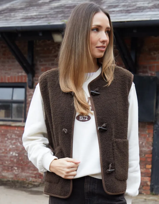 Threadbare Women's Chocolate Brown Toggle Fleece Borg Gilet sold by Threadbare