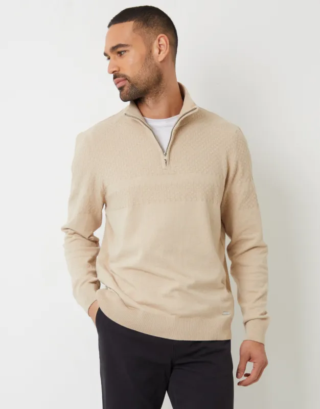 Threadbare Men's Ecru Basket Stitch Detail Knitted Quarter Zip Jumper sold by Threadbare
