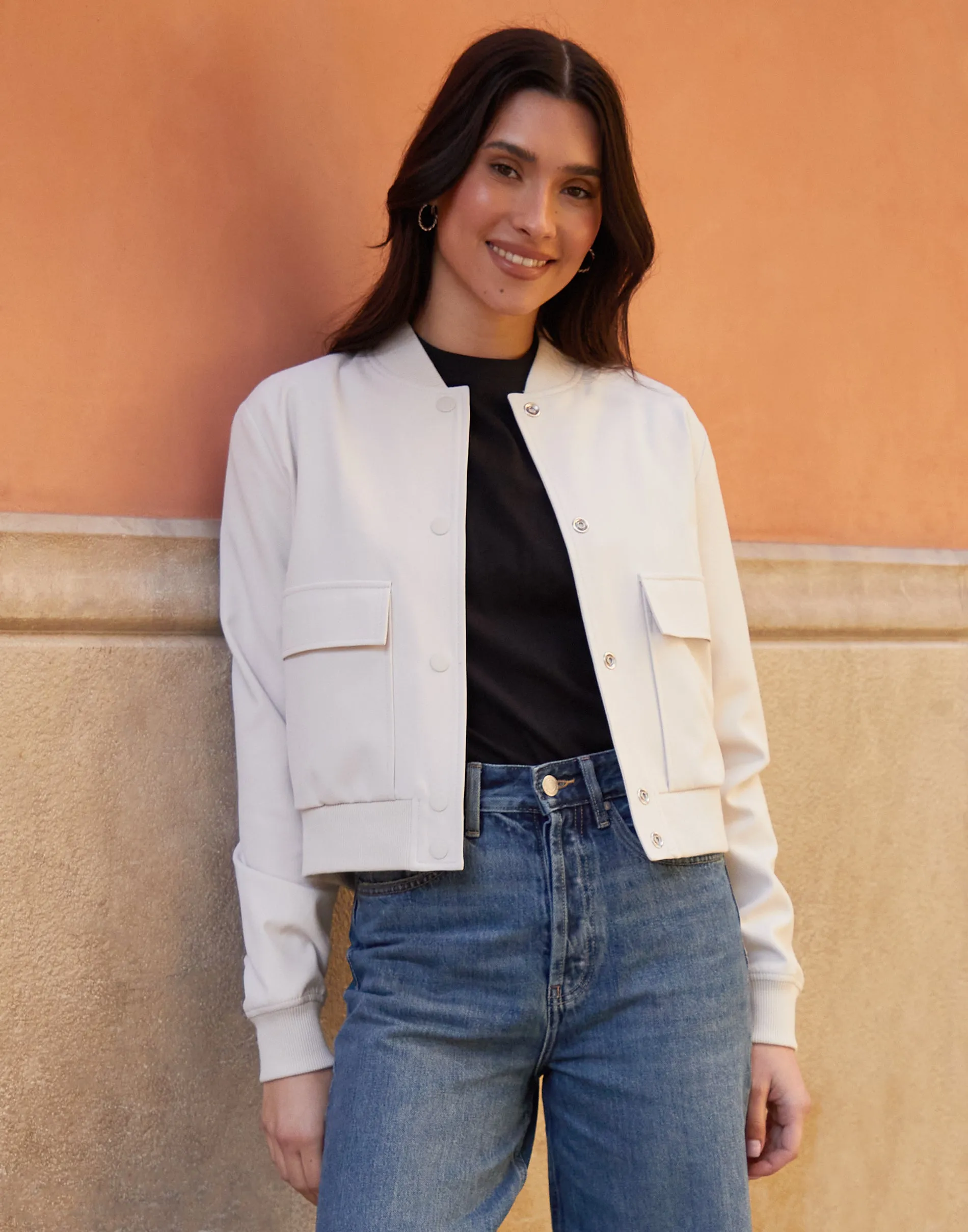 Threadbare Women's Ecru Patch Pocket Bomber Jacket sold by Threadbare