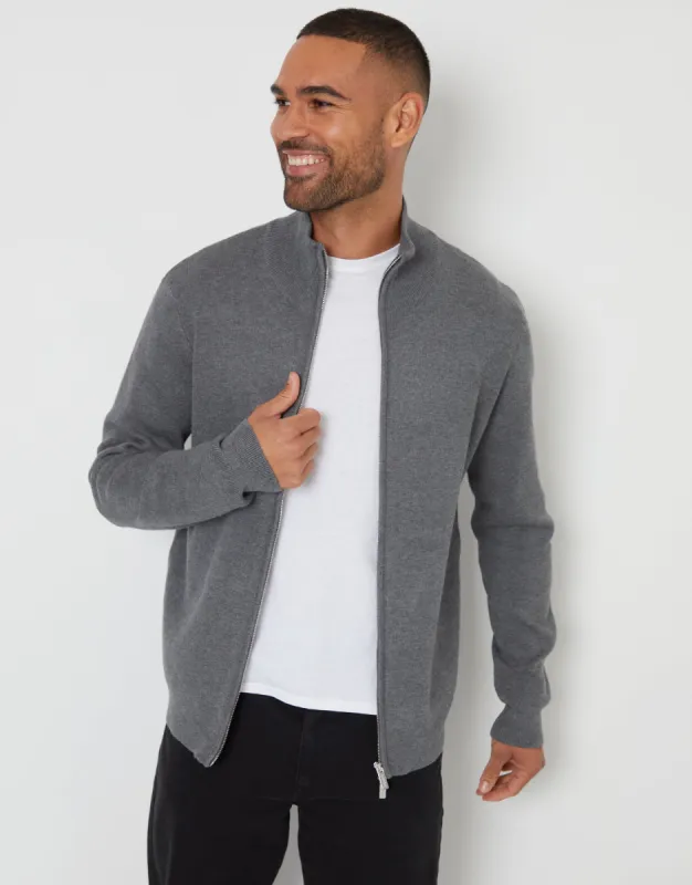 Men's Charcoal Marl Zip-Through Funnel Neck Knitted Cardigan sold by Threadbare
