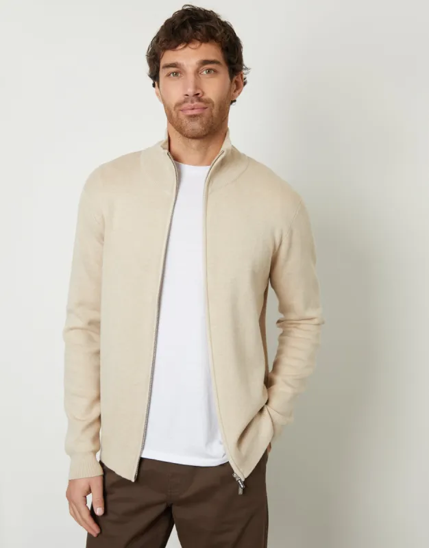 Ecru Zip-Through Funnel Neck Knitted Cardigan made by Threadbare