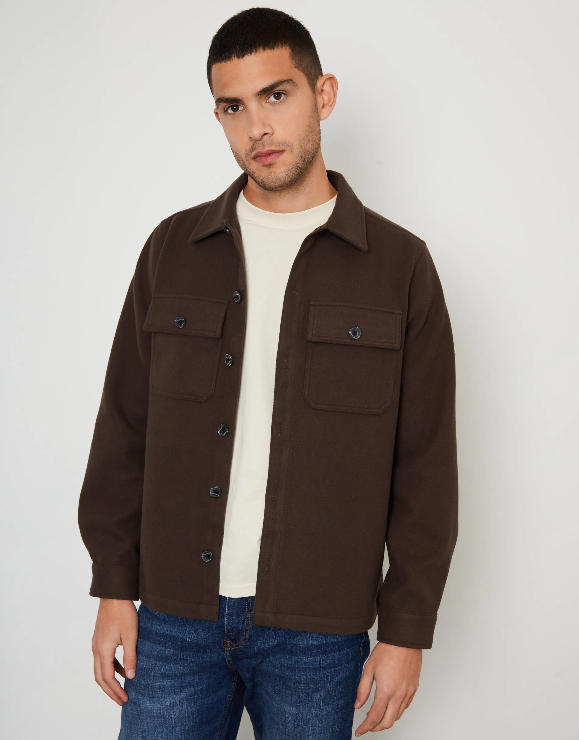 Chocolate Brown Faux Wool Button Up Shacket sold by Threadbare