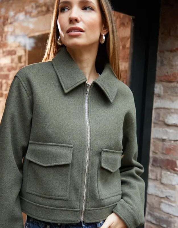 Threadbare Women's Khaki Green Faux Wool Collared Harrington Jacket sold by Threadbare