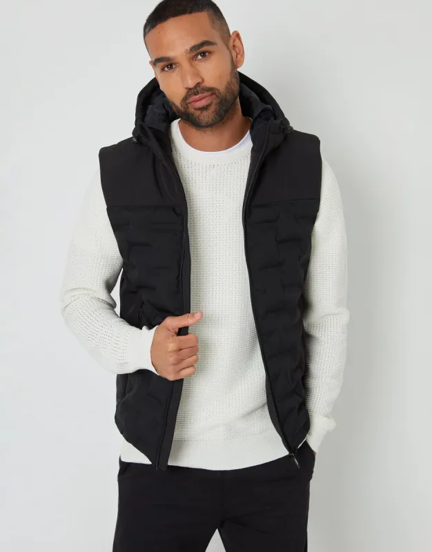 Men's Black Quilted Panel Hooded Gilet sold by Threadbare