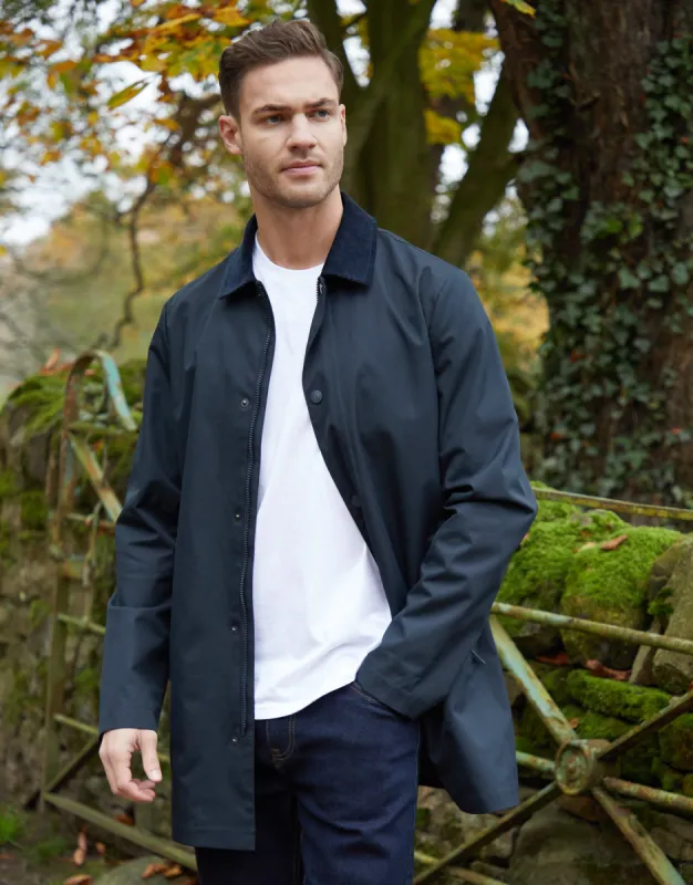 Navy Showerproof Longline Corduroy Collar Mac sold by Threadbare
