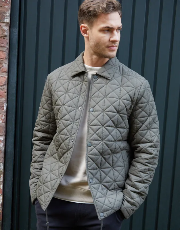Khaki Green Collared Quilted Jacket sold by Threadbare